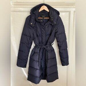 J. Crew long puffer coat with detachable hood in navy blue